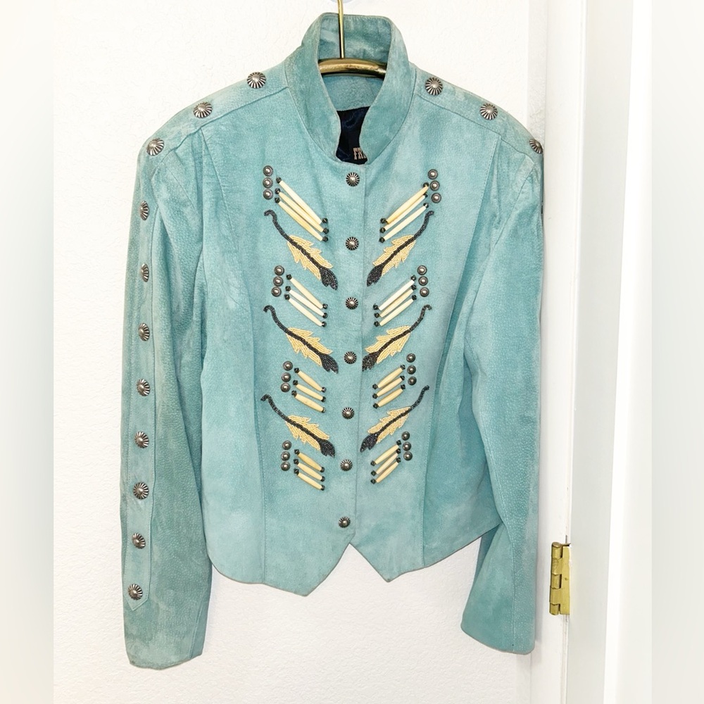 Vintage 💯 Suede Embellished Beaded Military Style Jacket Tiffany Blue SZ: Large